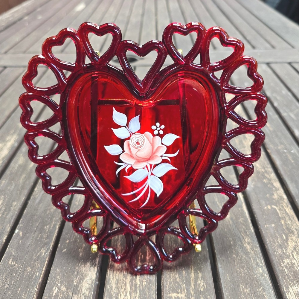 Vintage 1979 Fenton Ruby Red Glass Heart Plate Signed C. Peltier
